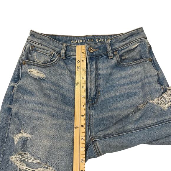 American Eagle Mom Jeans Womens Size 2 Blue Stretch Thrashed Destroyed Hipster - Picture 9 of 11